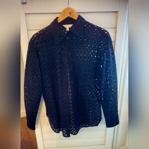 Adiva Black Casual Shirt with Intricate Openwork Design and Relaxed Fit